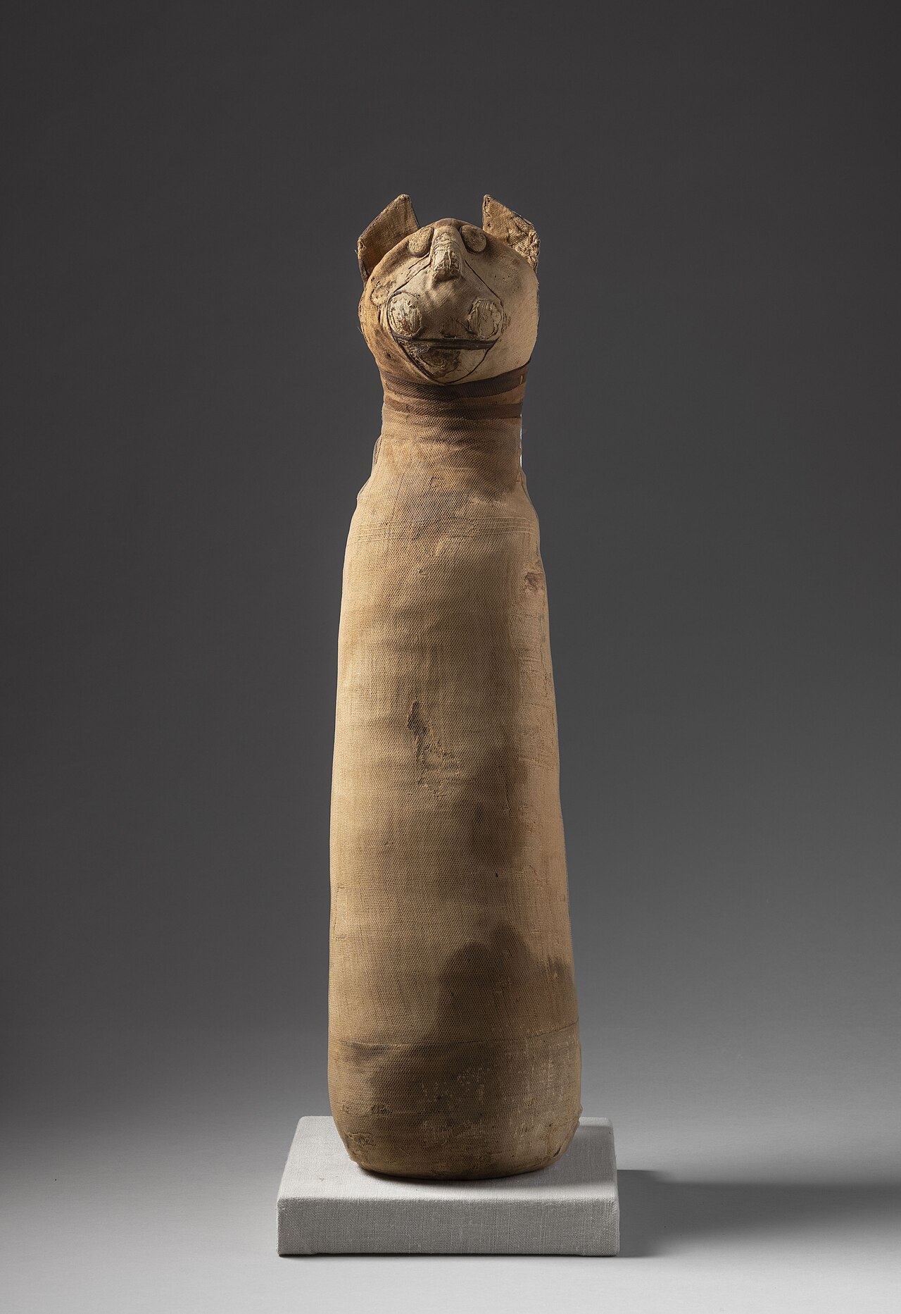 Linen-wrapped ancient Egyptian cat mummy with a modelled cat face
