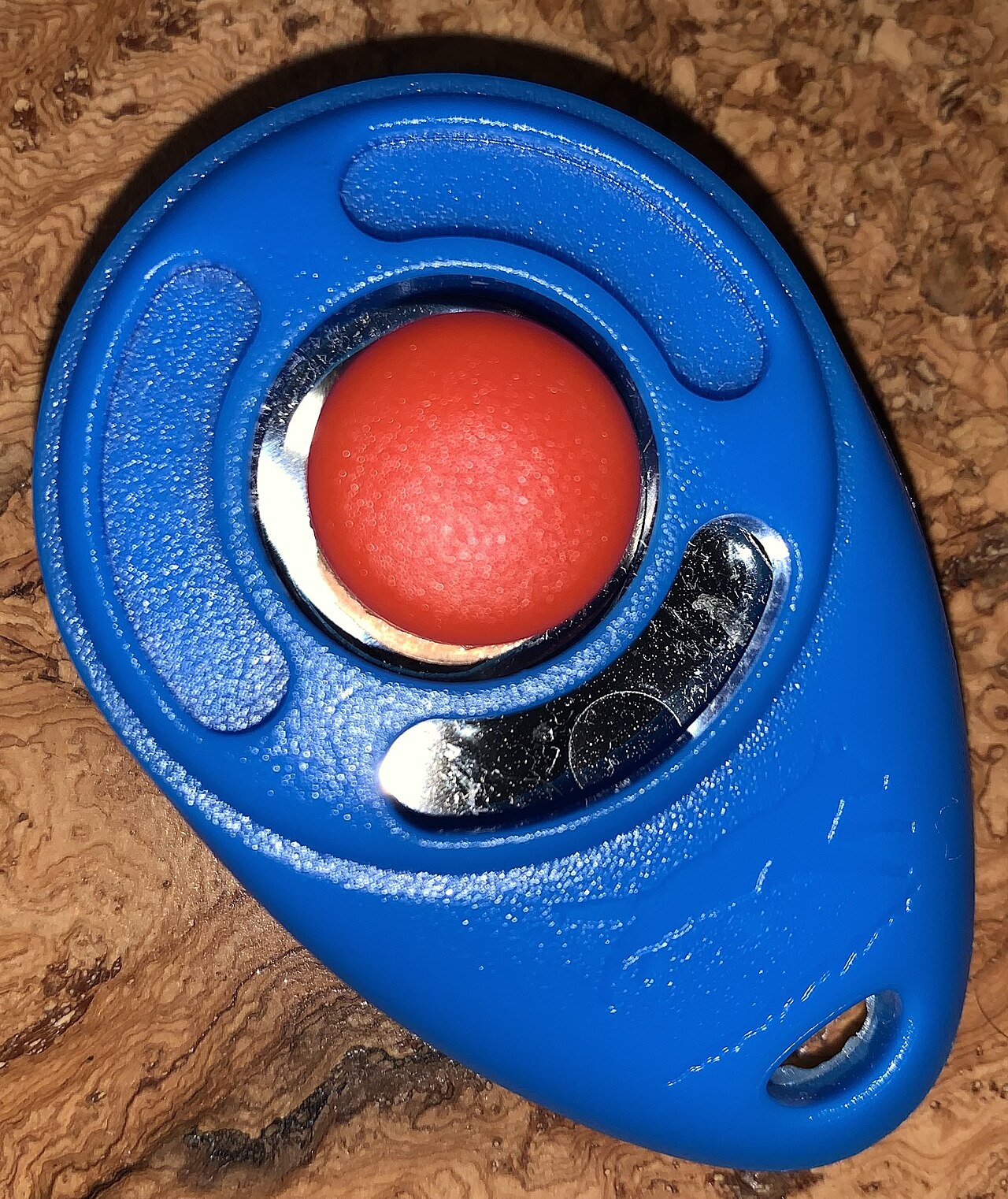 Blue box clicker with a red button